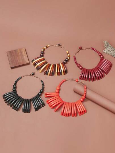 Dây chuyền hình quạt bằng gỗ nhiều màu sắc theo phong cách Bohemian, dây chuyền ngang xương đòn bản lớn, phù hợp để đeo hàng ngày.