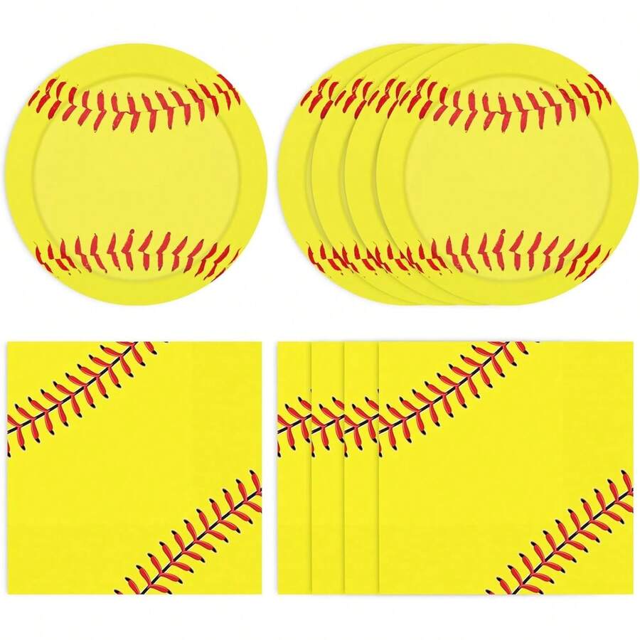 41 piezas de suministros de decoración para fiesta de cumpleaños de sóftbol, platos y servilletas de sóftbol, juego de vajilla desechable para postres con tema deportivo, platos de papel de sóftbol - platos de papel de fiesta de béisbol - Ver 1