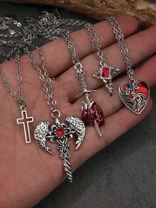 5pcs Vintage Gothic Angel Wings, Cross, Heart, Cross Wings, Star, Rose Butterfly Flower, Magic Mirror, Heart, Star Y2K Necklace Set For Women - Silver - View 14