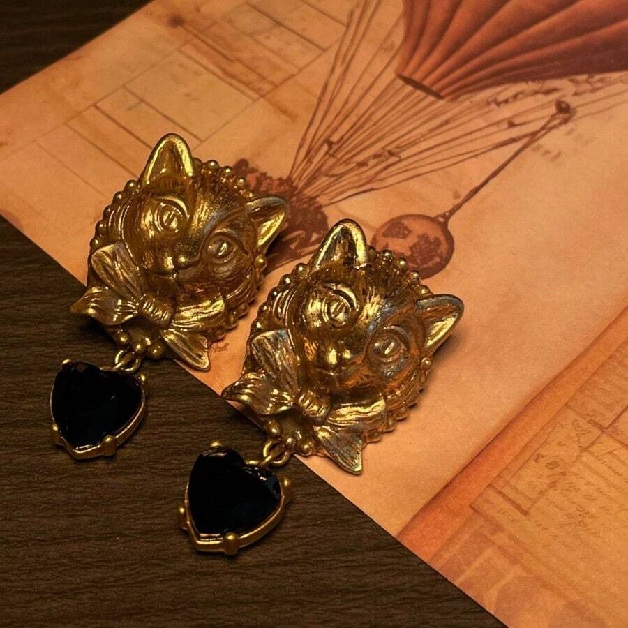 1/2PC Heavy-Duty Women's Earrings And Necklace With Vintage Design Cat Head-Shaped Accessories - Earring - View 1