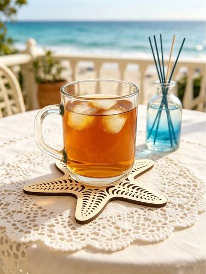 1 件海洋主题木质杯垫，激光切割镂空海星、鹦鹉、贝壳、沙子元素设计，耐热可重复使用，适用于咖啡/茶/鸡尾酒，厨房/吧台桌面保护配件，天然木质海滩风格家居装饰