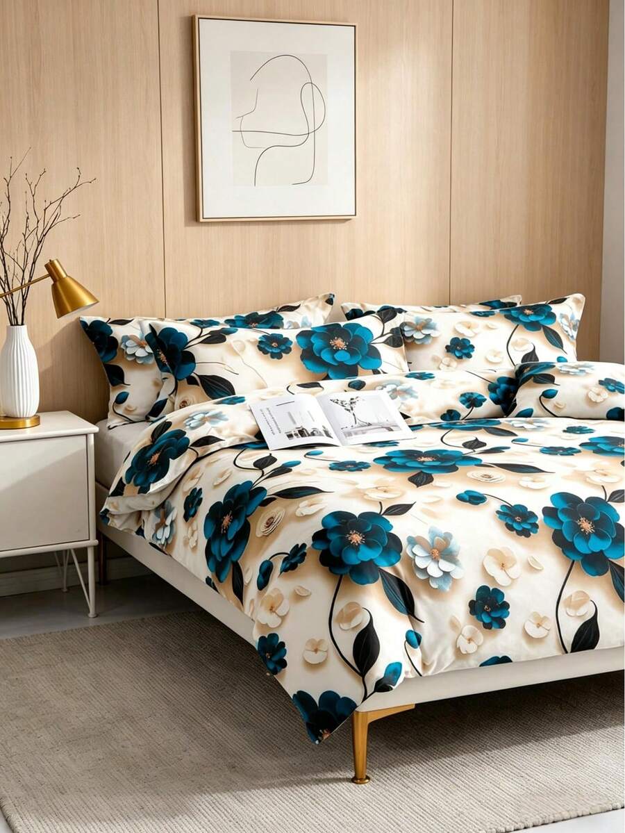 1 Set 5D Floral Digital Printed Duvet Cover Set (1 Duvet Cover, 2 Pillow Shams), Fresh Pastoral Style, Suitable For Bedroom, Dormitory, Vacation Home, All Seasons - 13# - View 1
