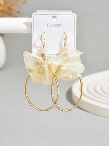 1 Pair Elegant Fabric Flower Long Earrings, Suitable For Daily Wear (Bead Color Random) - Beige - E1334 - View 3