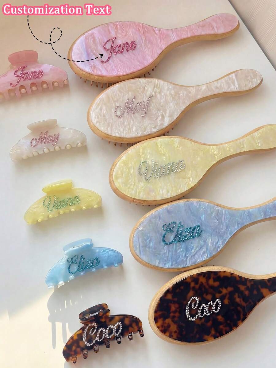 2er/Set Strass-Haaraccessoires, personalisierter Namens-Haarklammer, Acryl glänzendes Marmormuster Haarkamm & Klammer Set, Brautjungfer Geschenk, Geburtstagsgeschenk - Verschiedenfarbig - Übersicht 1