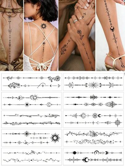 (10pcs/Set) Black Spine Tattoo Stickers, Containing Floral, Celestial, Botanical, Totem Elements, Long Size For DIY Combination, Suitable For Back Spine, Chest, Arms, Ankles, Waterproof & Durable, Ideal For Women's Daily Or Holiday Use, Also Can Be Given As Holiday Gifts To Friends