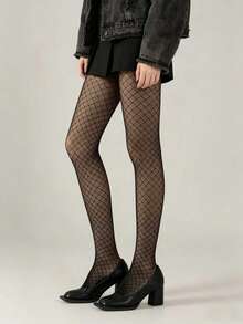 1双菱形网眼透视连裤袜，高弹力渔网袜，千禧辣妹复古时尚袜，适合女性日常和派对穿着 - 彩色 - 查看 6