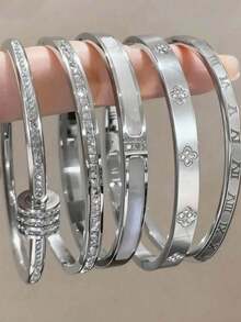5pcs/Set Women's Luxury Floral Bracelet Jewelry Set, Stainless Steel Waterproof Non-Fading, Suitable For Daily, Vacation, Party, Great Gift For Mom, Girlfriend, Best Friend, Mother's Day, Valentine's Day, Christmas - Silver - View 2
