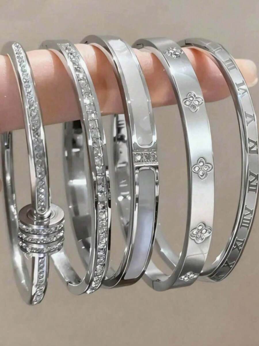 5pcs/Set Women's Luxury Floral Bracelet Jewelry Set, Stainless Steel Waterproof Non-Fading, Suitable For Daily, Vacation, Party, Great Gift For Mom, Girlfriend, Best Friend, Mother's Day, Valentine's Day, Christmas