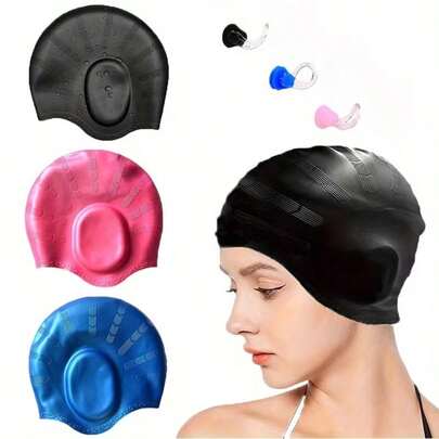 2个/套硅胶泳帽，带鼻夹，3D立体贴合设计，防水舒适防滑，防止头发沾湿，适合长发男女。