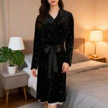 女士中长款金色丝绒睡袍，奢华时尚性感浴袍，家居睡衣，春/秋/冬款 - 黑色 - 查看 3