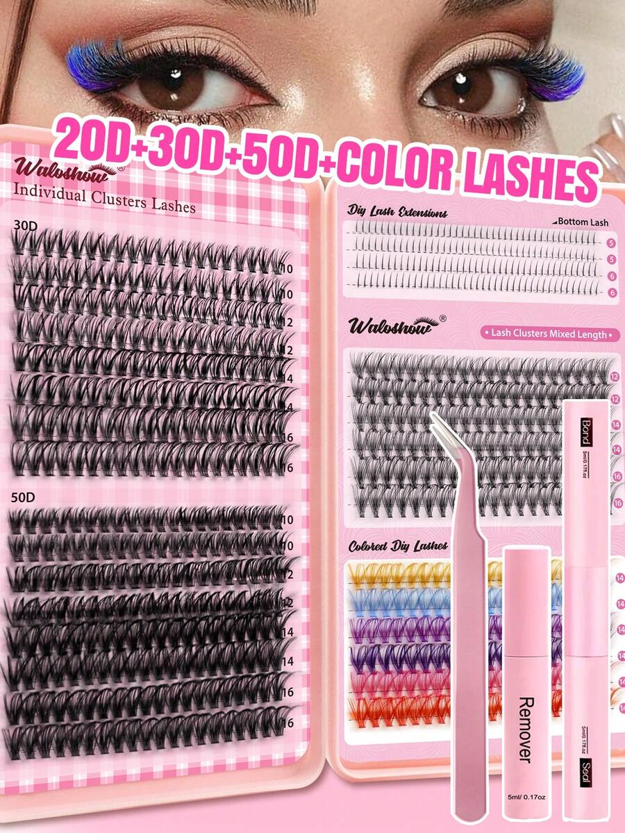 Lash Clusters DIY Eyelashes Extensions Kit, Eyelashes Extension Kit Whith Eye Makeup Applicator For At-Home, Colored&Black Individual Lash Clusters (D-0.07mm-10-16MIXED) D Curling Eyelashes Extension Kit, Black Ndividual Lash Clusters Kit 10-16mm , Mixed Black D-Curling Eyelashes Cluster Extension Kit, Large-Capacity Cluster False Eyelashes, Natural - Thick - Color 4 Styles Comic Eyelasesh Kit Bond&Seal, Lash Tweezer And Brushs DIY At Home, Suitable For Daily Makeup Date Party Makeup - 彩色 - 查看 1