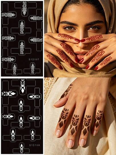 2pcs Vintage European Totem Fingerprint Tattoo Stencils, Hollow Carved Durable Washable Personalized Finger Tip Decor Patterns, Unisex Nail Joint Stickers, DIY Painting Transfer Templates, Assorted Designs