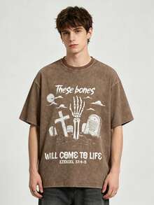 Men's Y2K Vintage Distressed Black T-Shirt - Gothic "These Bones Will Come To Life" Ezekiel 37:4-5 Graphic With Skeletal Hand, Cross & Tombstone, 100% Cotton Super Soft & Breathable Christian Streetwear Gift Independence Day Father's Day DG004-A - 咖啡色 - 查看 5