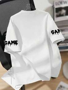 男童宽松印花T恤，泼墨游戏手柄图案，袖子上印有“GAME”字样滴墨标语，休闲落肩设计，适合上学、电竞比赛、日常休闲穿着，夏季青少年服装 - 白色 - 查看 2