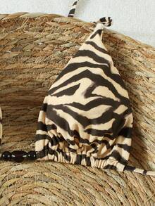 Women's Tiger Print Halter Bikini, Sexy Side Tie Split Vacation Two Pieces Swimsuit, 2026 Spring/Summer Fashion Beach Swimwear - Multicolor - View 5