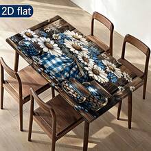 1pc Vintage Wood Grain Daisy Elastic Tablecloth, Full Coverage Anti-Slip Dining Table Cover, Suitable For Home, Living Room, Dining Room, Outdoor Camping, Picnic And Garden Party - Durable Polyester Material, Easy To Clean - Multicolor - View 10