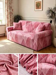 1 tấm bọc ghế sofa co giãn họa tiết hình học màu hồng, vải polyester phong cách hiện đại, có thể giặt bằng máy, sử dụng được mọi mùa - Hồng - Xem 2
