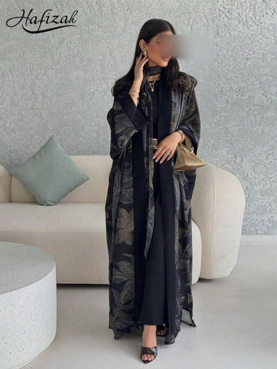Hafizah Bộ 2 món áo Abaya bằng vải chiffon in họa tiết kèm khăn trùm đầu, áo choàng cardigan kiểu Trung Đông thường ngày. - màu đen - Xem 1