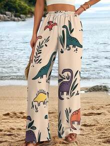 Women Summer Wide Leg Pants Print Short Sleeve Dinosaur For Women's Palazzo Pants - 彩色 - 查看 3