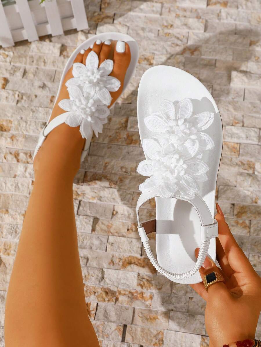 Sandal Wanita Elegan dengan Motif Bunga, Ujung Terbuka, Gaya Dongeng Musim Panas, Sandal Liburan
