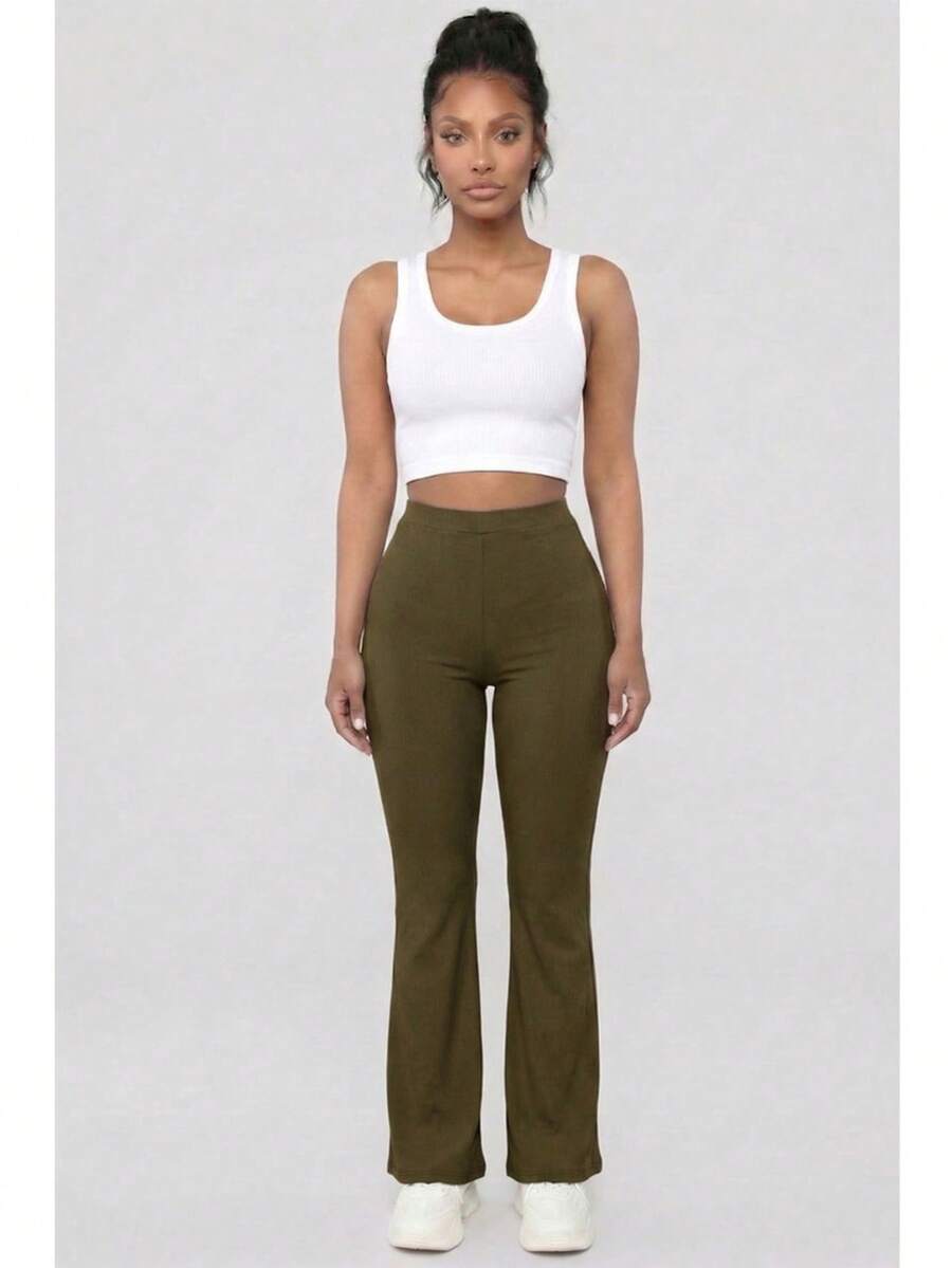 Women's Solid Color Rib Knit High Waisted Flare Pants For All Season Casual Basic Pants - Olive - View 1