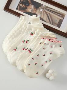 5 pares de calcetines de tobillo de encaje blanco con estampado de cerezas para mujer, transpirables y antideslizantes, adecuados para primavera y verano - Blanco - Ver 6