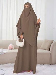 Set de 2 piezas Vestido de oración de unicolor elegante para mujeres musulmanas con pañuelo a juego de una sola capa, Abaya clásica y versátil para uso diario, salidas, oración, artículo esencial de viaje, toalla de playa - Multicolor - Ver 19
