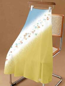 Floral Gradient Midi Skirt Light Blue To Yellow With Cherry Blossom Print For Spring And Summer Outfits - 白色 - 查看 3