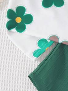 2pcs Girls Casual Floral Print Dropped Shoulder Short Sleeve Top And Elastic Waist Shorts Set, Spring/Summer - Green - View 7