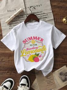 Women's Summer Strawberry Lemonade Graphic Oversized Tee Crew Neck Short Sleeve Casual Vacation White - White - View 4