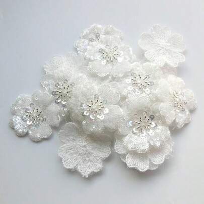 5pcs White Sequin Lace Flower Patches, DIY Decoration Accessories For Wedding Dress And Bridal Accessories