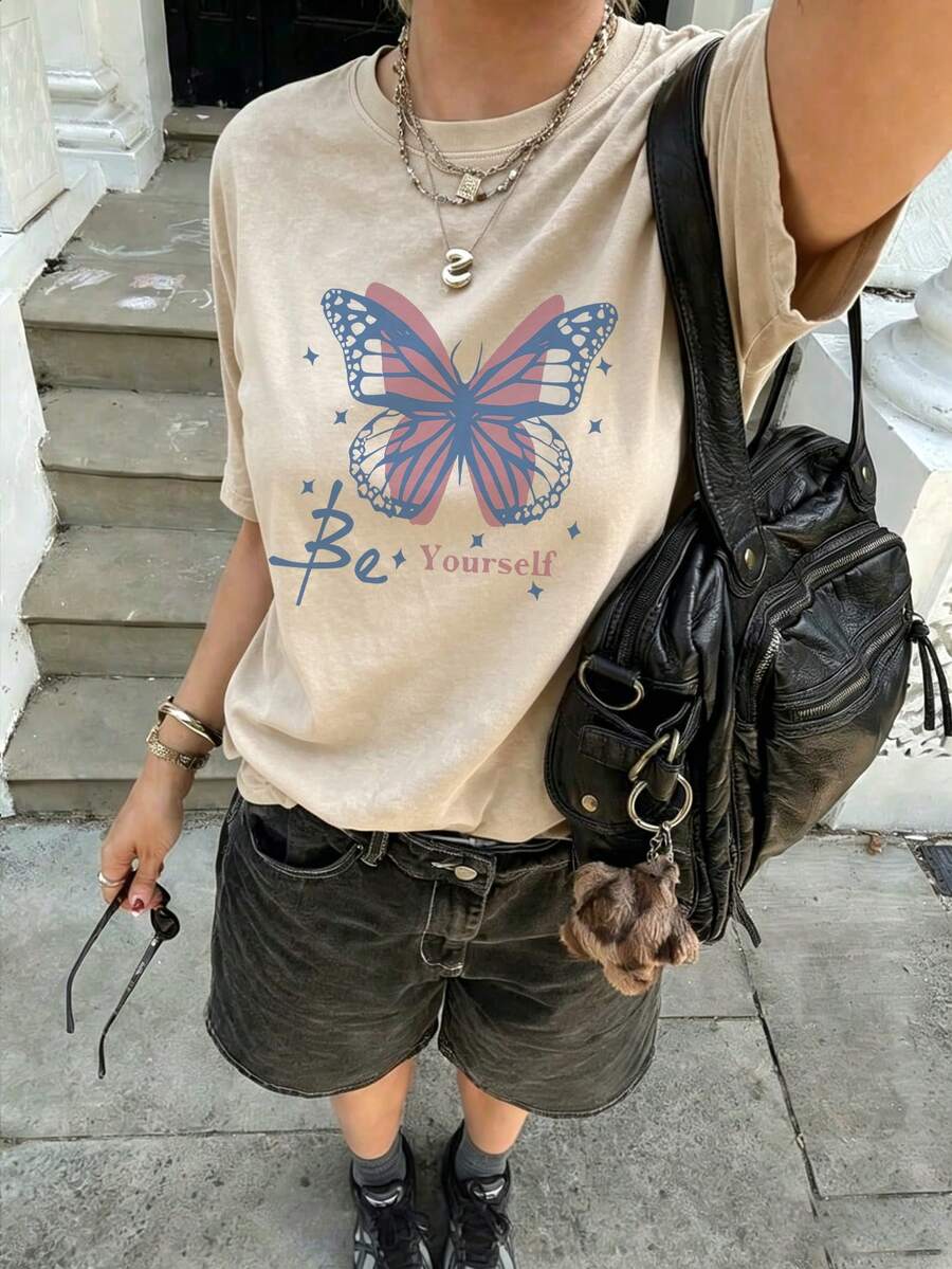 Women's Summer Butterfly Pattern Round Neck Short Sleeve T-Shirt, Casual Loose Versatile Vacation Style Top, Suitable For Daily Wear And Fashionable Summer