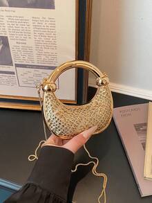 时尚金属色圆形晚宴包，圆环新月形派对手提包，多功能肩背斜挎手拿包，女士 - 金色 - 查看 5