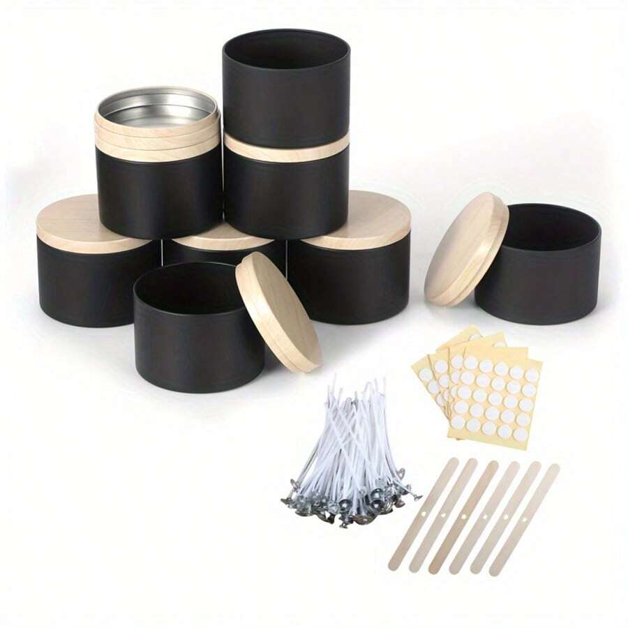 42 chiếc/6 bộ hũ đựng nến màu đen, hũ đựng nến màu đen mờ 4oz có nắp vân gỗ, thích hợp để làm nến, đựng bấc, dán bấc, đồ thủ công, vật dụng nhỏ.
