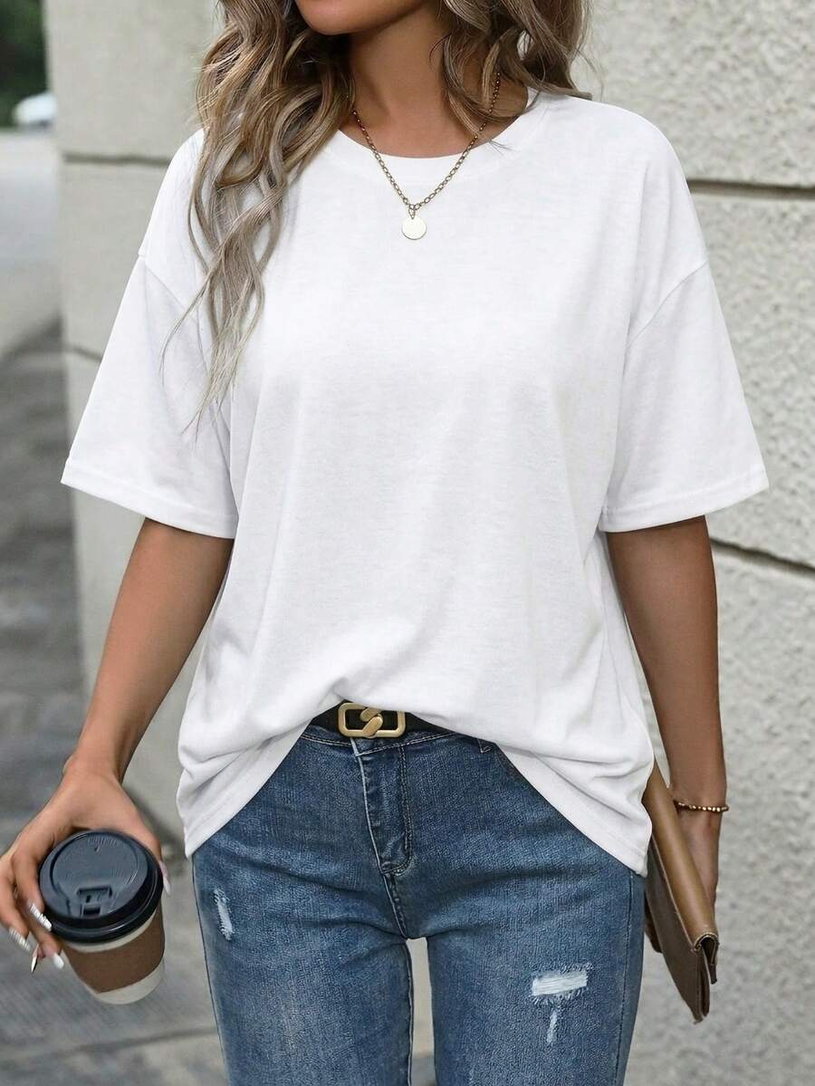 女士宽松白色短袖T恤，休闲百搭通勤上衣，夏季 - 白色 - 查看 1
