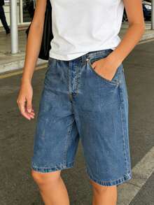 Women's Stylish, Plain-Colored, Loose-Fitting Denim Shorts With A Zip And Button Closure, Knee-Length, Ideal For The Beach And Everyday Wear. - 藍色 - 查看 2