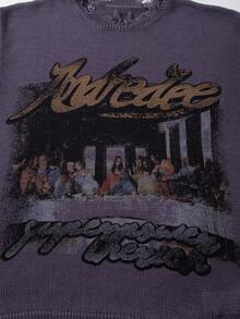ANDREILEE Frühling/Sommer Neuer Europäischer und Amerikanischer Stil Portrait Grafik Rockband Punk Vintage Design Kurzarm Strick Top - Violett - Übersicht 5