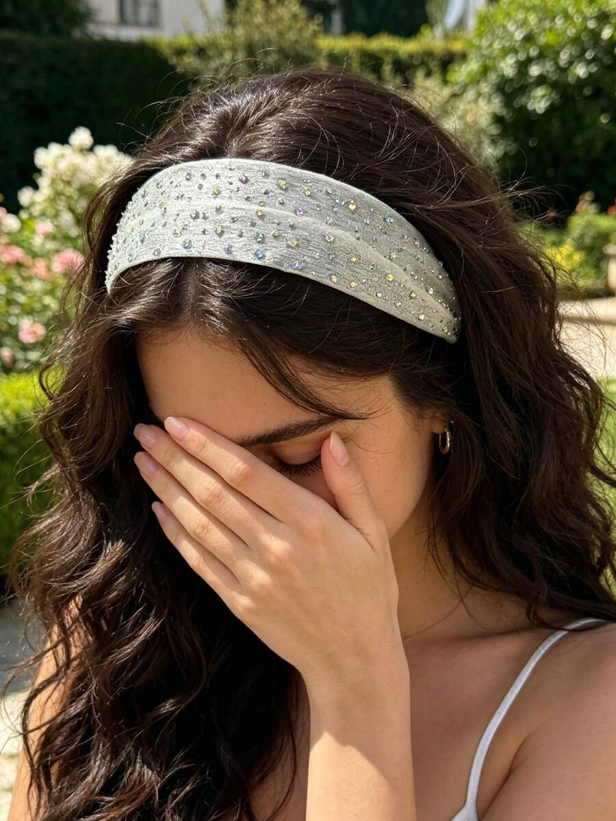 1pc Casual Minimalist White Rhinestone Mesh Headband Hair Band Diadema Hair Hoop - White - View 1