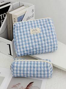 1pc Checkered Makeup Bag, Cute Blue Makeup Bag Set, Home Decor, Large Capacity Handbag, Blue Checkerboard Cosmetic Bag, Suitable For Storing Makeup Brushes, Lotions, Cleansers, Lipsticks, Nail Care, Salon, Travel Essentials - Blue - View 6