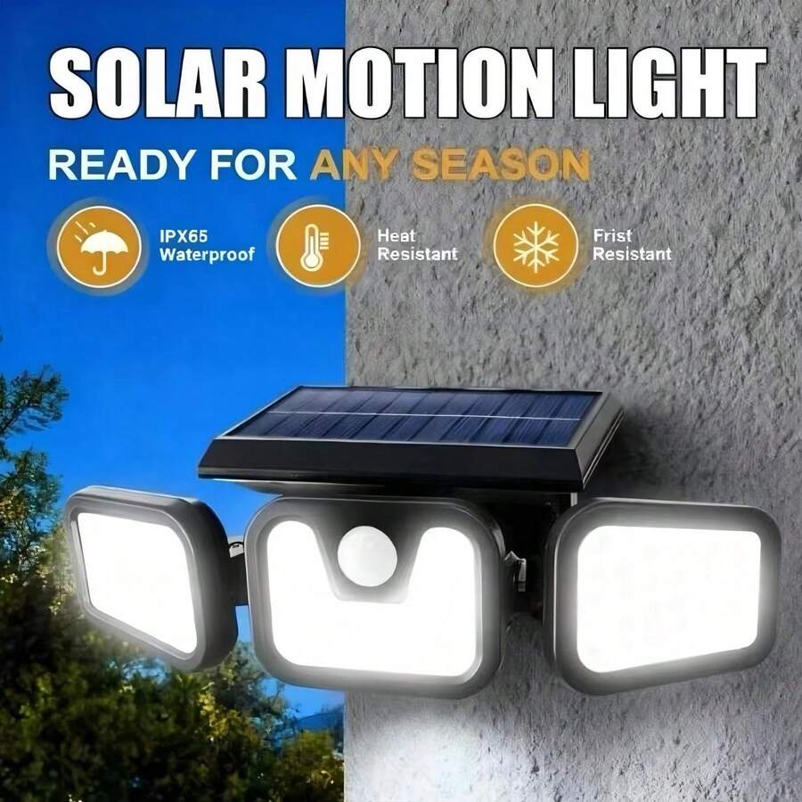 Solar Powered Motion Sensor Outdoor Light, 3-Head Security Light, LED Floodlight With Motion Detection, Spot Light For Patio, Yard, Garage Entrance, IP65 Waterproof