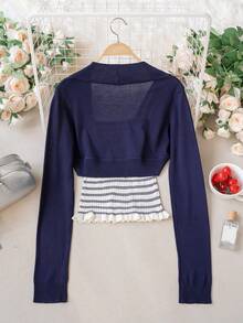 Contrast Stripe Camisole With Bow Accent & Shrug Cardigan 2 Pieces Set, Spring/Summer - Navy Blue - View 10