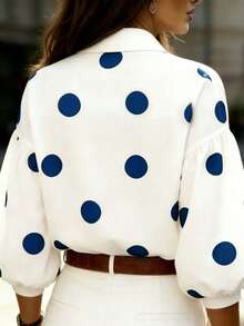 Blusa da donna con stampa a pois, lunghezza regolare, semi-trasparente, camicia con maniche a lanterna 3/4, adatta per le vacanze - Blu e Bianco - Visualizzare 2