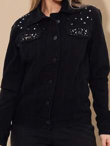 pthirillo Women's Black Denim Jacket, Maxi Oversized, 100% Cotton, Long Sleeve, Premium Style | Basic Or With Rhinestones, Party/Evening Look - Fees and Rhinestones Up - View 3