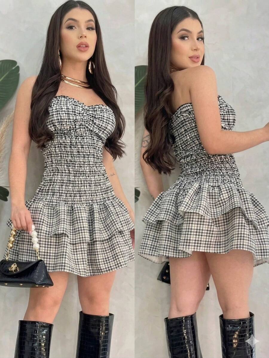 Women's Strapless Plaid Dress With Ruffle And Elastic, Modern And Elegant, Perfect For The São João 2026 June Festival. - 灰色 - 查看 1