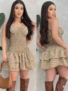 Women's Strapless Plaid Dress With Ruffle And Elastic, Modern And Elegant, Perfect For The São João 2026 June Festival. - 米色 - 查看 2