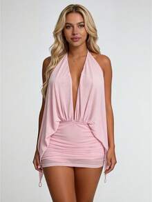 Women's Halter Neck Mesh Dress Sleeveless Backless Solid Color Bodycon Mini Dress Romper Shorts - Pink - View 1