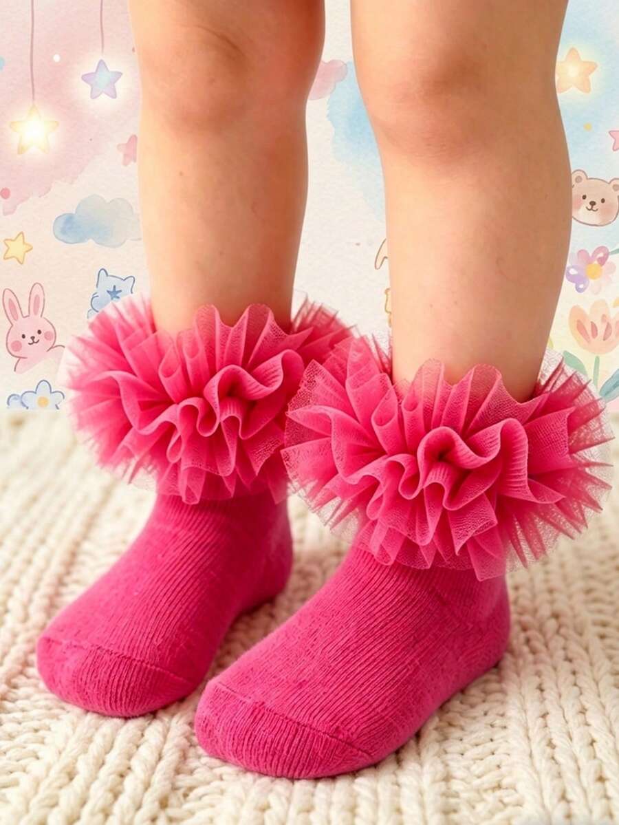1 par de calcetines de malla con volantes esponjosos para niñas, calcetines de princesa con pliegues lindos, uso diario cómodo y transpirable - Rosa Fucsia - Ver 1