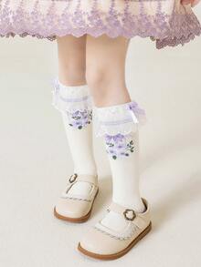 1双女童薄款过膝袜，优雅宫廷风蕾丝蝴蝶结公主袜，适合夏季穿着 - 彩色 - 查看 10