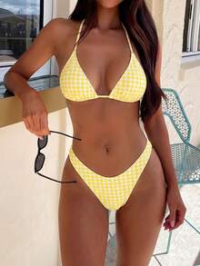 Conjunto de bikini mini triángulo con estampado de cuadros amarillos de moda para mujer, adecuado para traje de baño de verano, vacaciones y playa - Amarillo - Ver 11