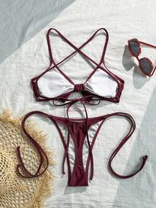 Bộ bikini hai mảnh gợi cảm mới năm 2026, thiết kế hở lưng với dây buộc chéo, thích hợp cho bãi biển, khu nghỉ dưỡng, spa, tiệc bể bơi và kỳ nghỉ. - Màu tím - Xem 2